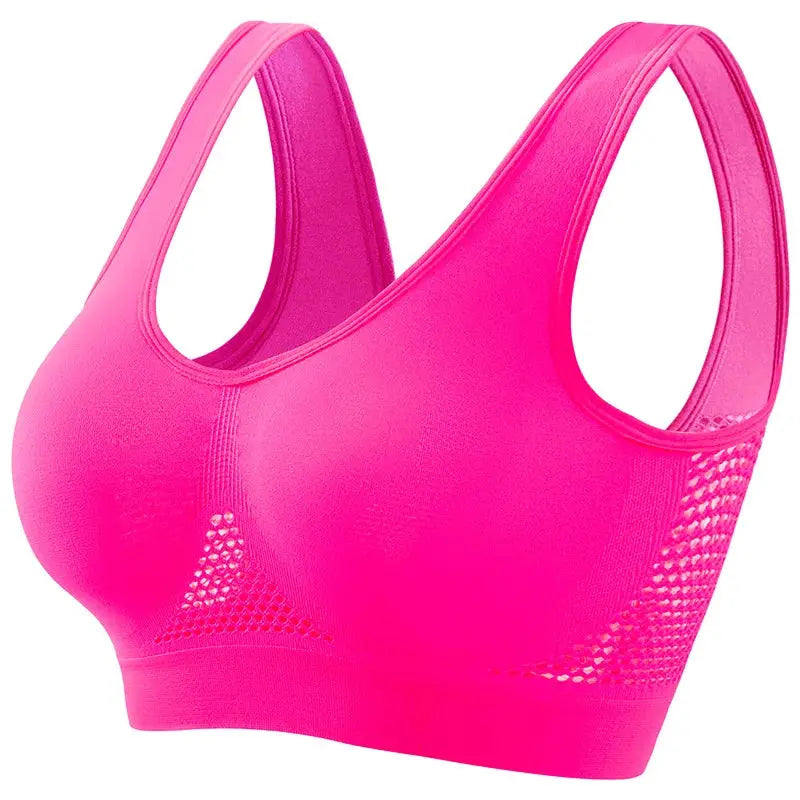 Women's pink breathable mesh sports bra, plus size, seamless non-wire, no pads