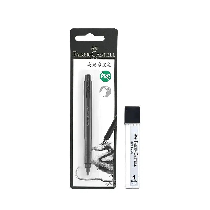 Faber-Castell retractable eraser pencil with refills in a black body.
