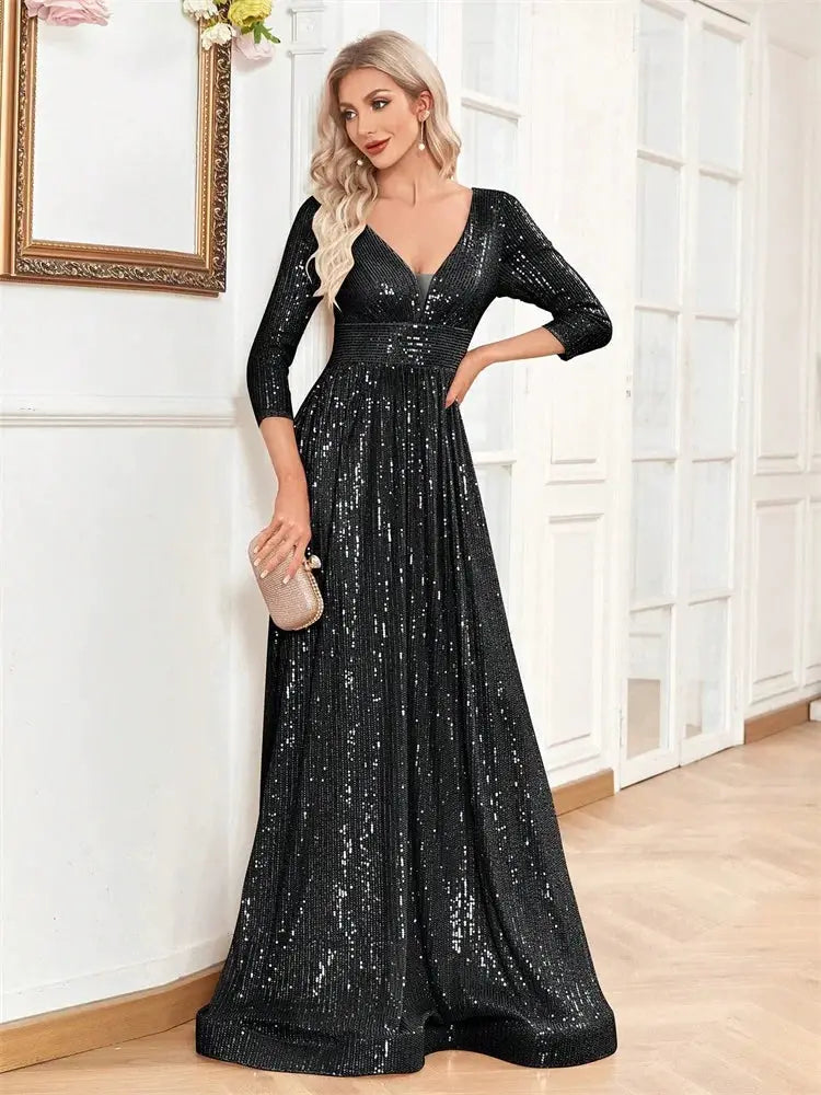 Luxury V Neck Long Sleeve Blue Sequins Formal Evening Dress Women Maxi