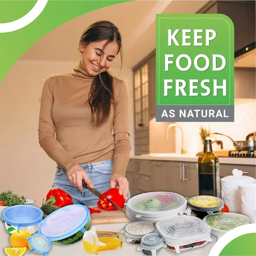 Six Piece Food Grade Silicone Preservation Covers Set Reusable Airtight Universal Fit Round Lids For Kitchen