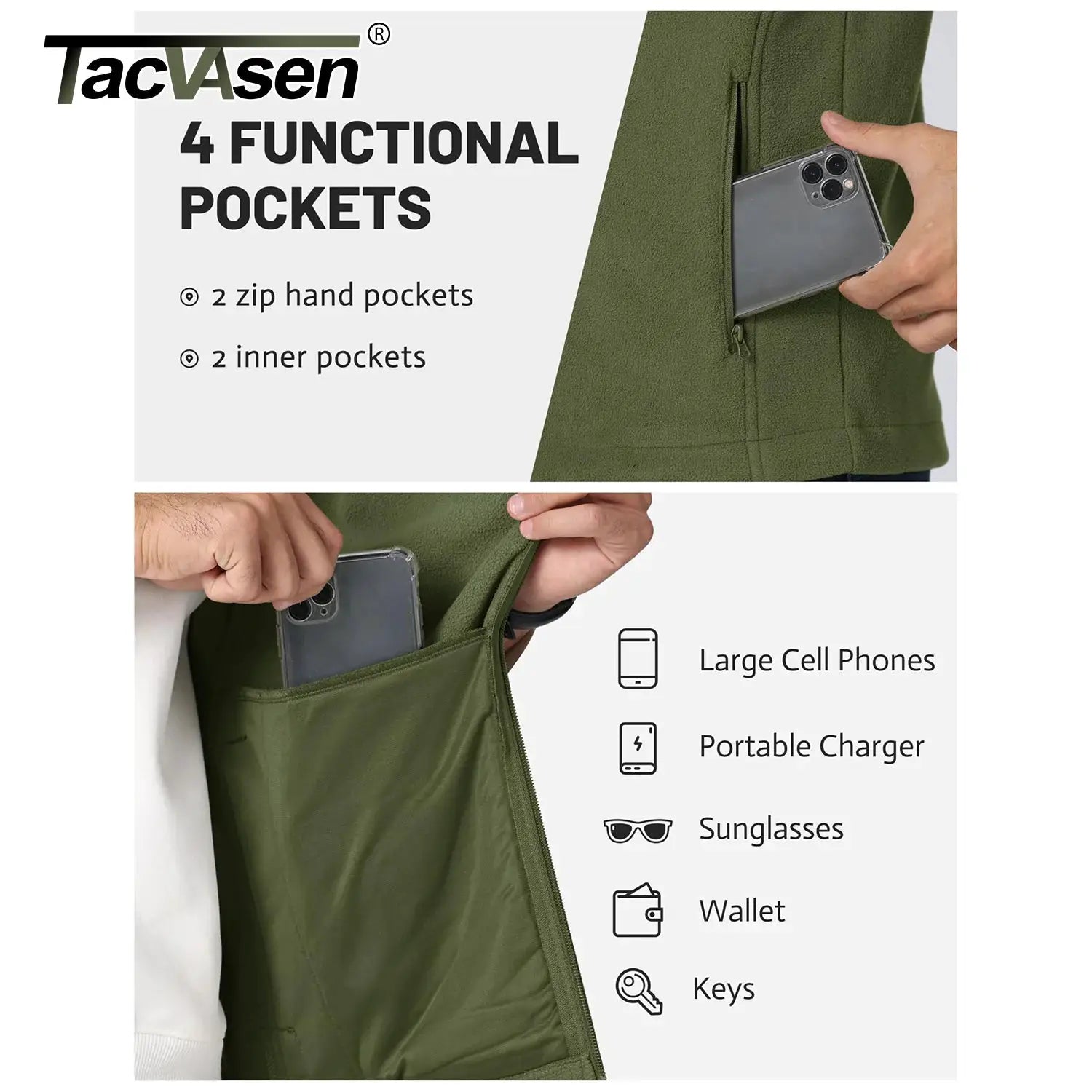 TACVASEN fleece vest for men in olive-green with 2 zip pockets and 2 inner pockets; Simples Market
