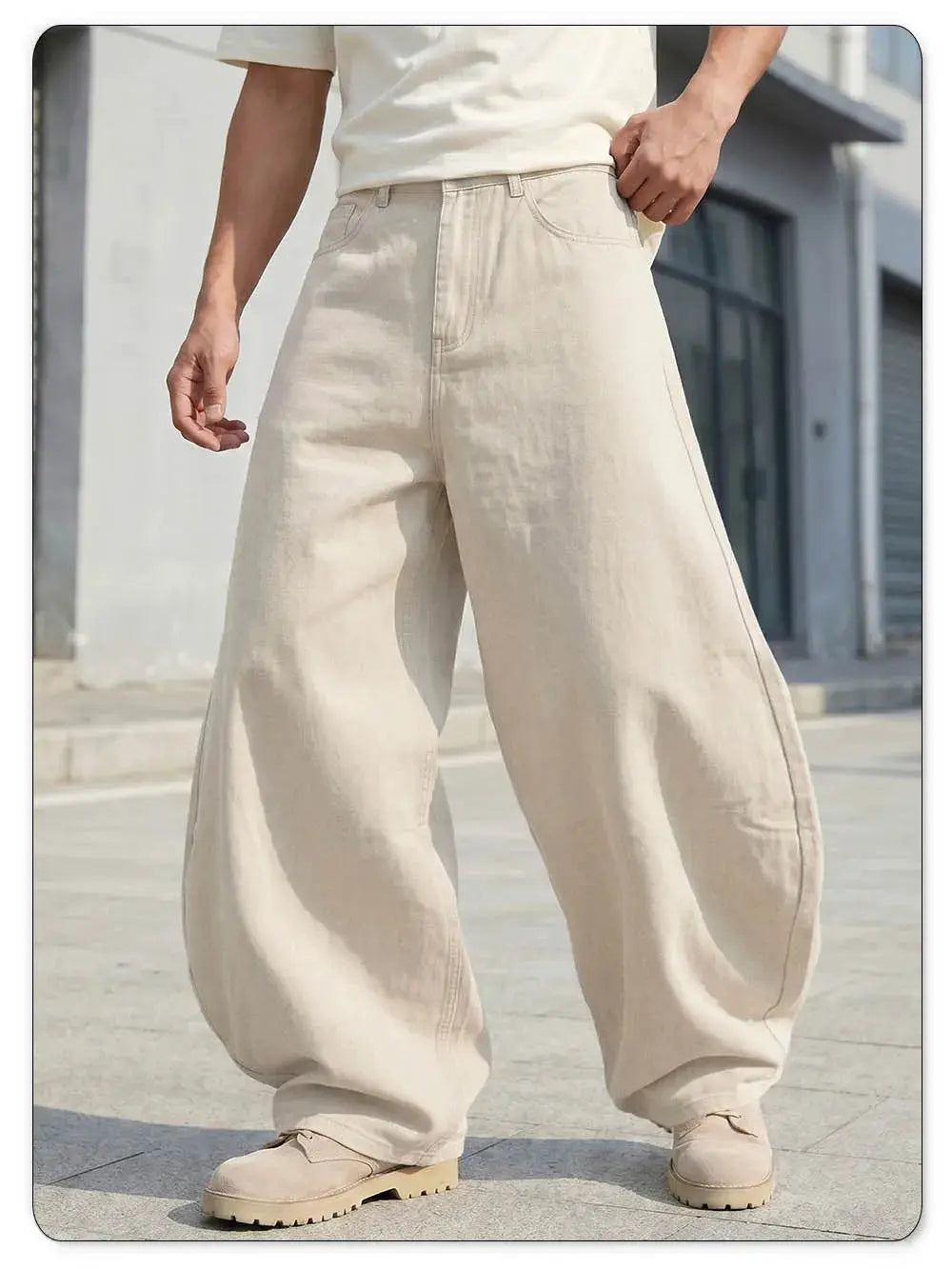 LIYS men's beige loose wide-leg jeans, high-waisted denim pants, casual streetwear
