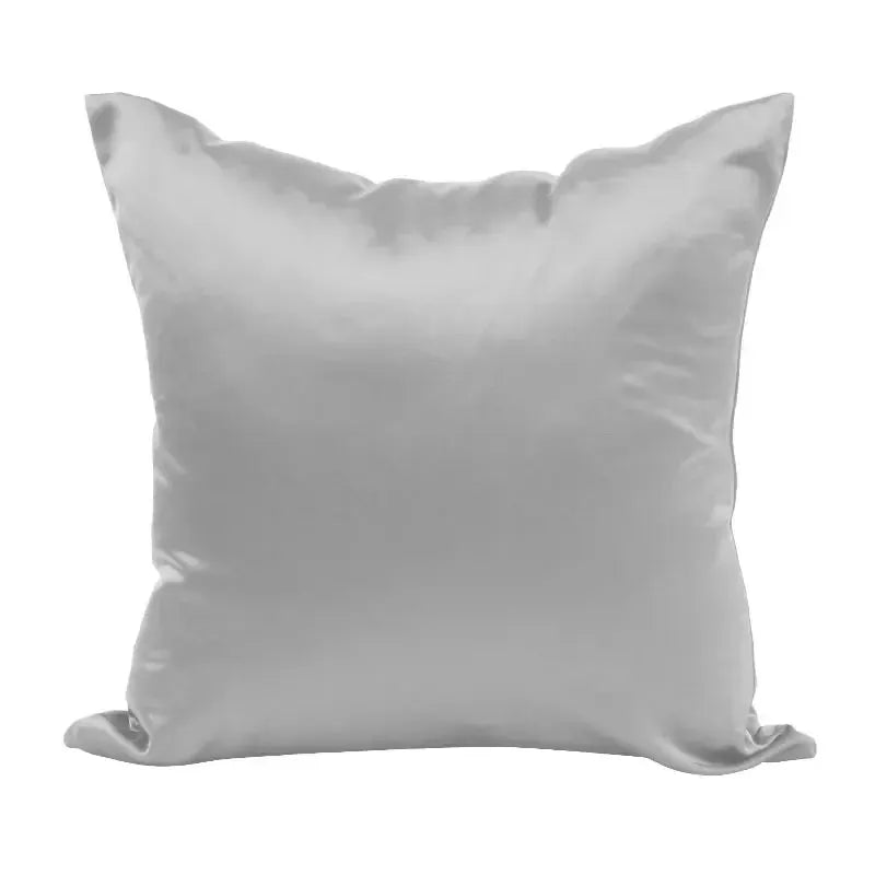 Satin pillow cover in gray, square decorative cushion with silk-like finish.