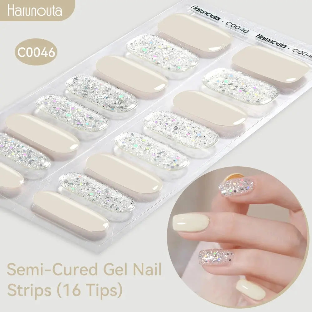 Gel nail strips Gradient Auroras, nude and glitter tips, 16-count, Harunouta, UV/LED compatible for at-home manicure