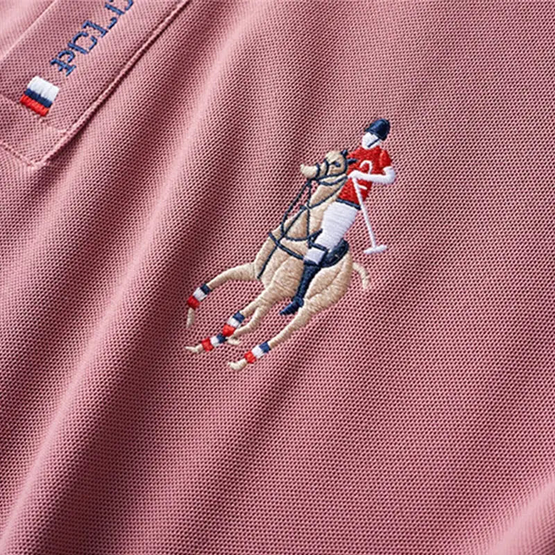 Men's pink polo shirt by Simples Market with embroidered polo pony logo