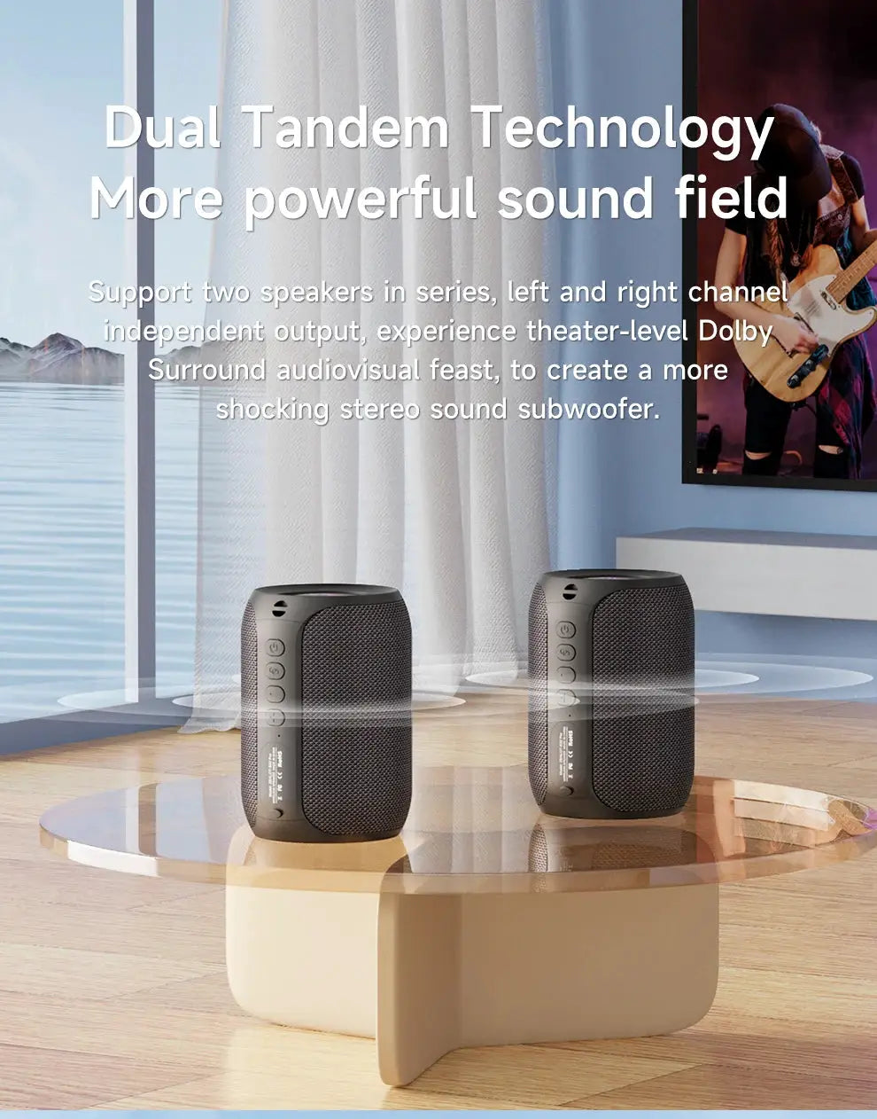 ZEALOT-S32PRO Bluetooth speakers, two units, black, on a glass coffee table