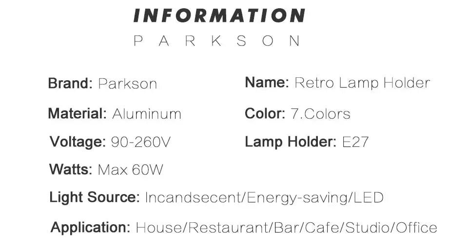 Retro Lamp Holder by Parkson; aluminum pendant with E27 socket, 90–260V, max 60W, 7 colors