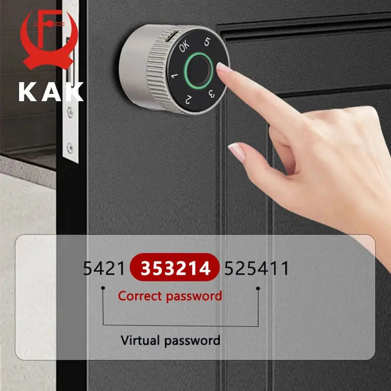 KAK fingerprint cylinder smart door lock in metallic silver with circular keypad on a dark door