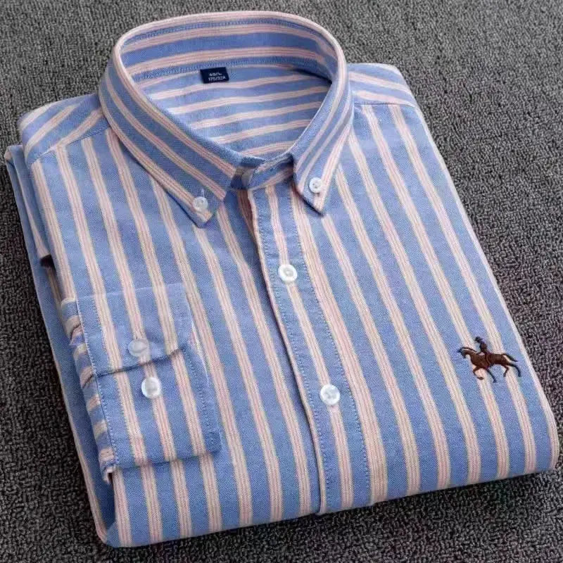 Men's large blue and white striped cotton oxford shirt with button-down collar and horse logo