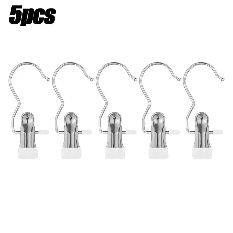 Stainless steel clothespins with curved wire hooks and white bases, 5-piece set