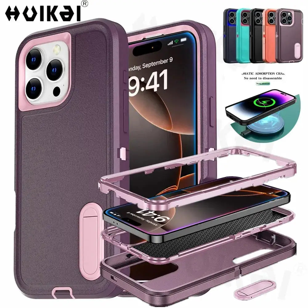 Case for iPhone 17 Pro Max by Simples Market, heavy-duty silicone full-body protector; purple with pink trim; six colors
