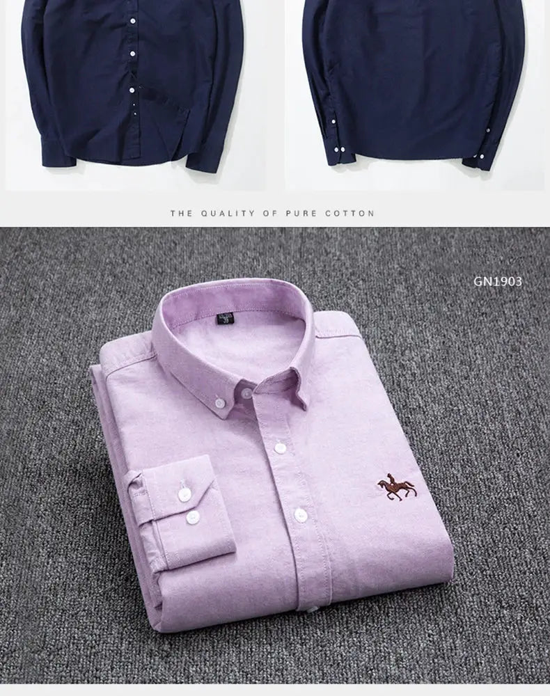 Casual pure cotton Oxford men's shirts; navy blue and lavender with horse embroidery, long sleeves, 3 shirts.