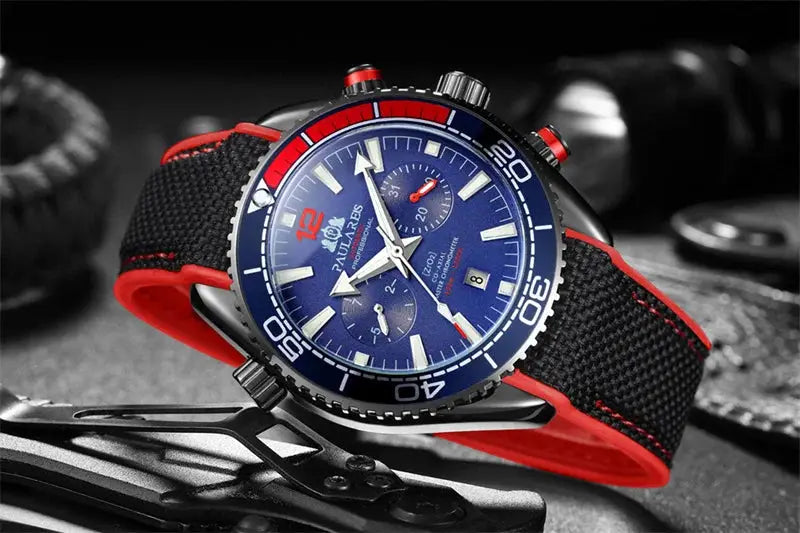 PAULAREIS P luxury men's automatic watch with blue dial and red/black rubber strap