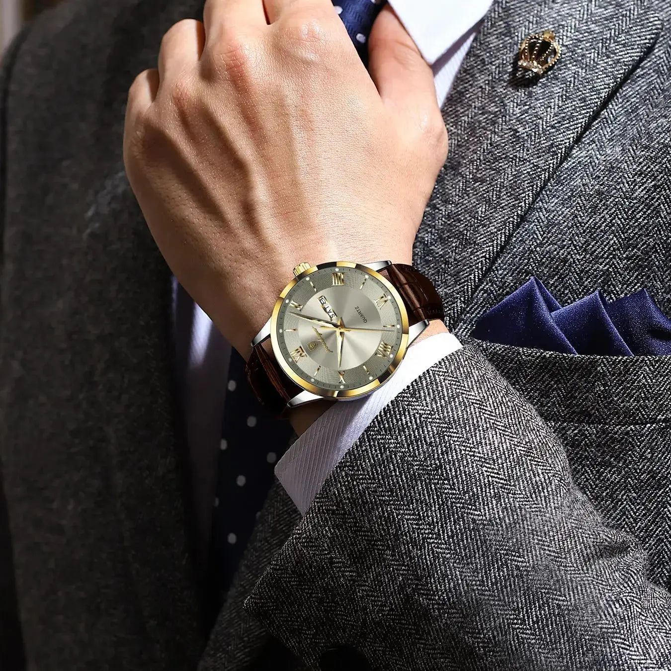 POEDAGAR Original Men Leather Strap Quartz Watch Luminous Waterproof Stainless Steel Case Timepiece
