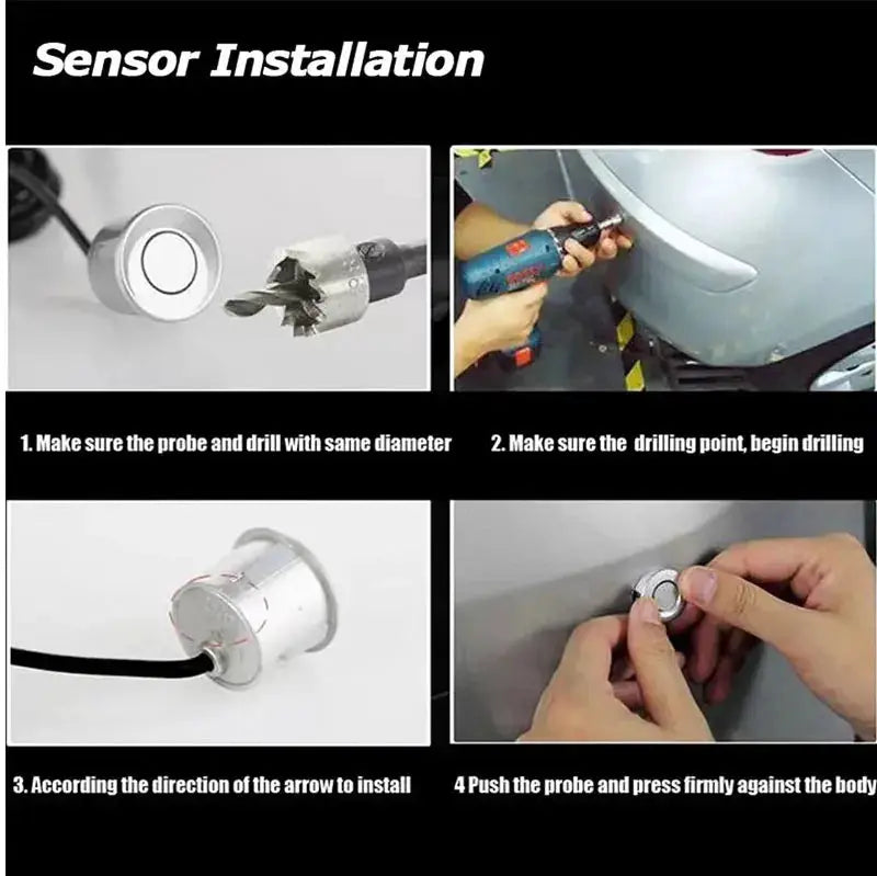 12V 16.5mm flat-probe parking sensor kit with four sensors and installation steps