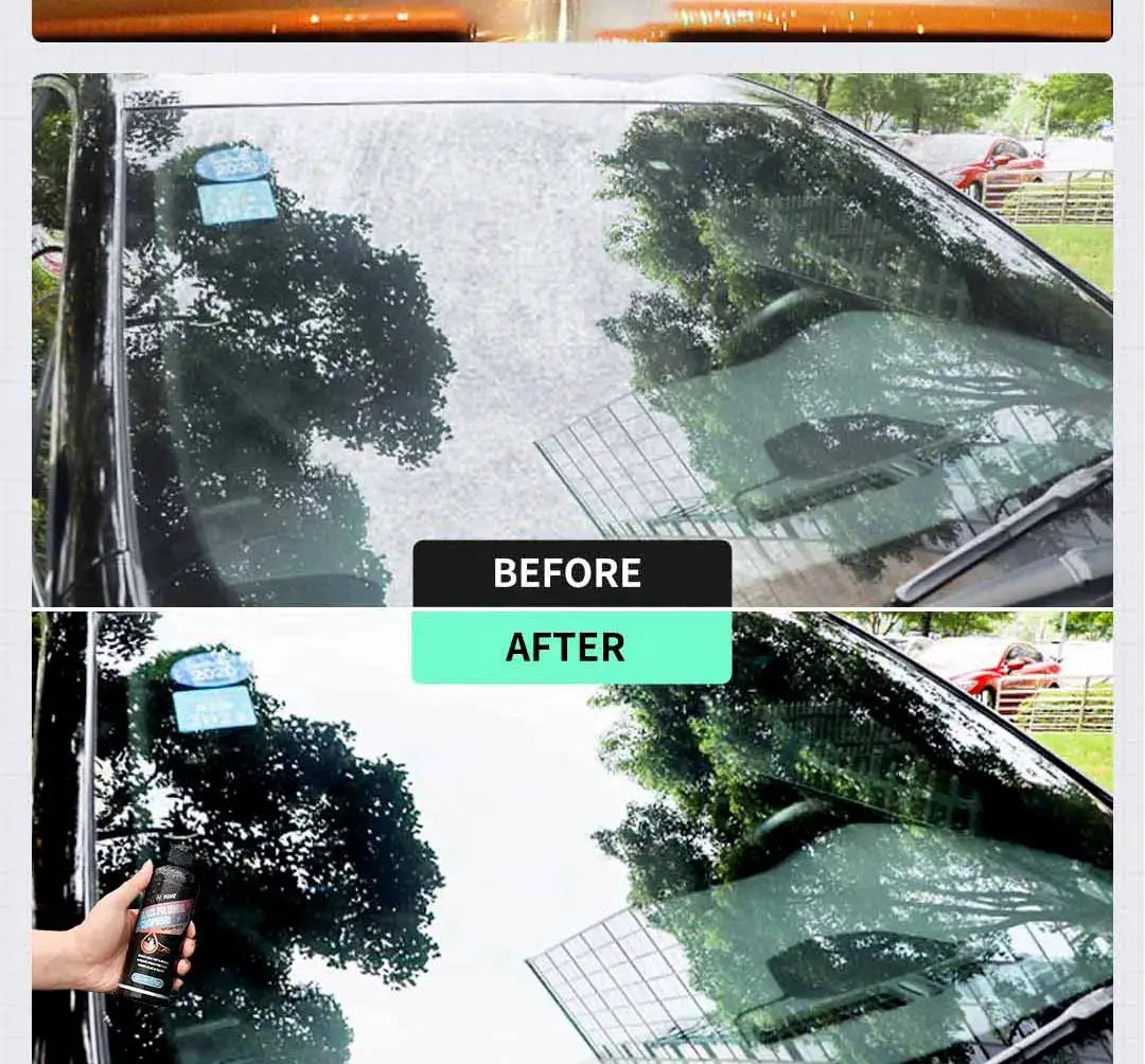 Simples Market glass film remover bottle held beside a car windshield, showcasing before and after cleaning results.