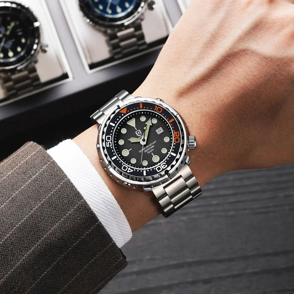 QINGXIYA sports men's quartz watch with stainless steel bracelet, black dial, luminous markers
