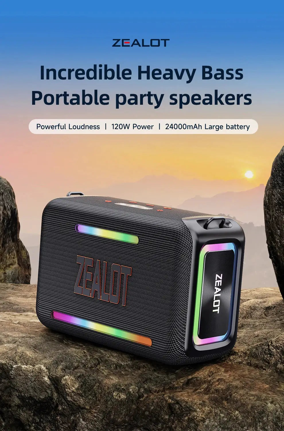 ZEALOT-S95 waterproof portable Bluetooth speaker with RGB LED accents in black rugged outdoor boombox style