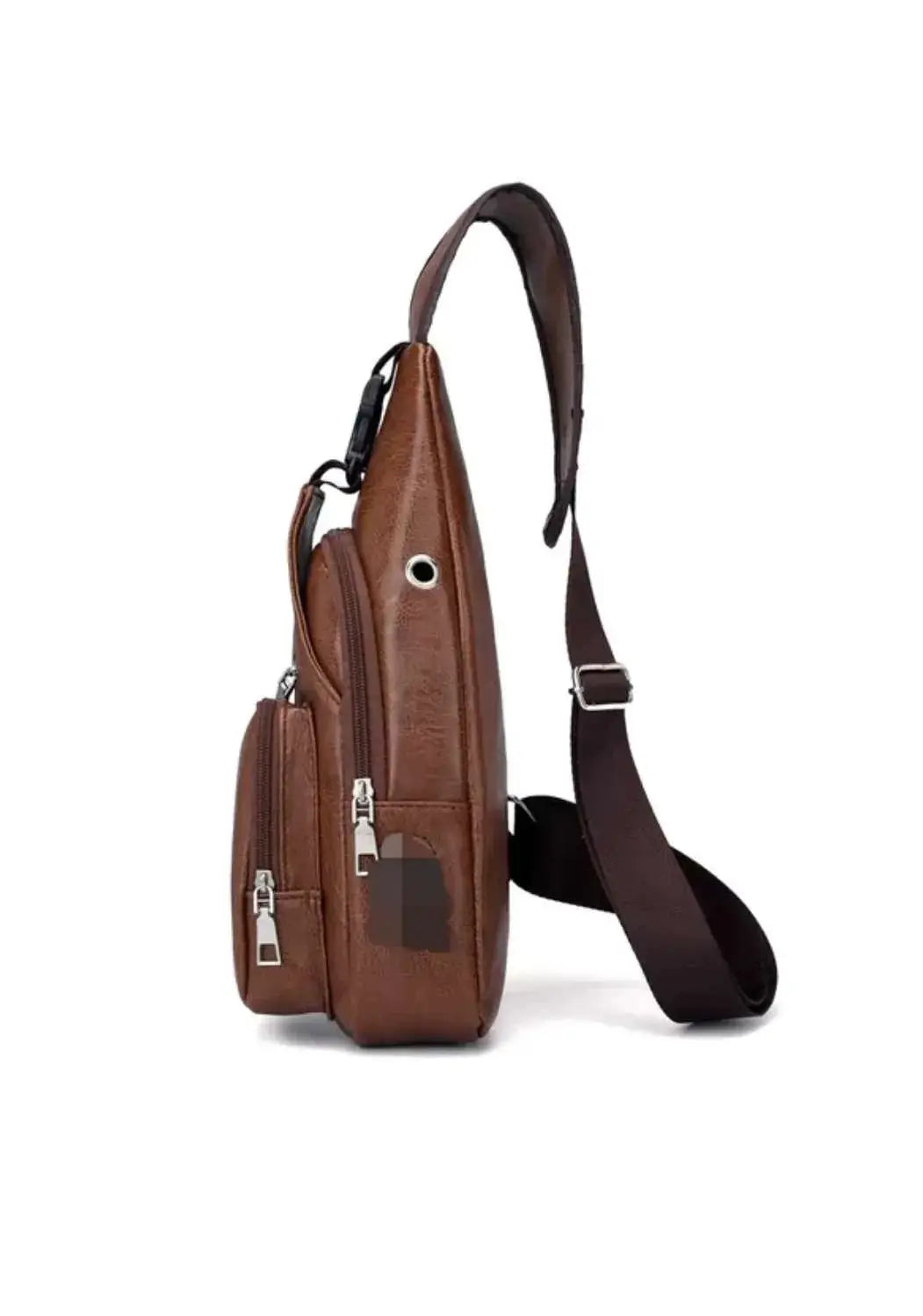 PU chest bag by Simples Market, brown crossbody with USB charging port and multiple zip pockets