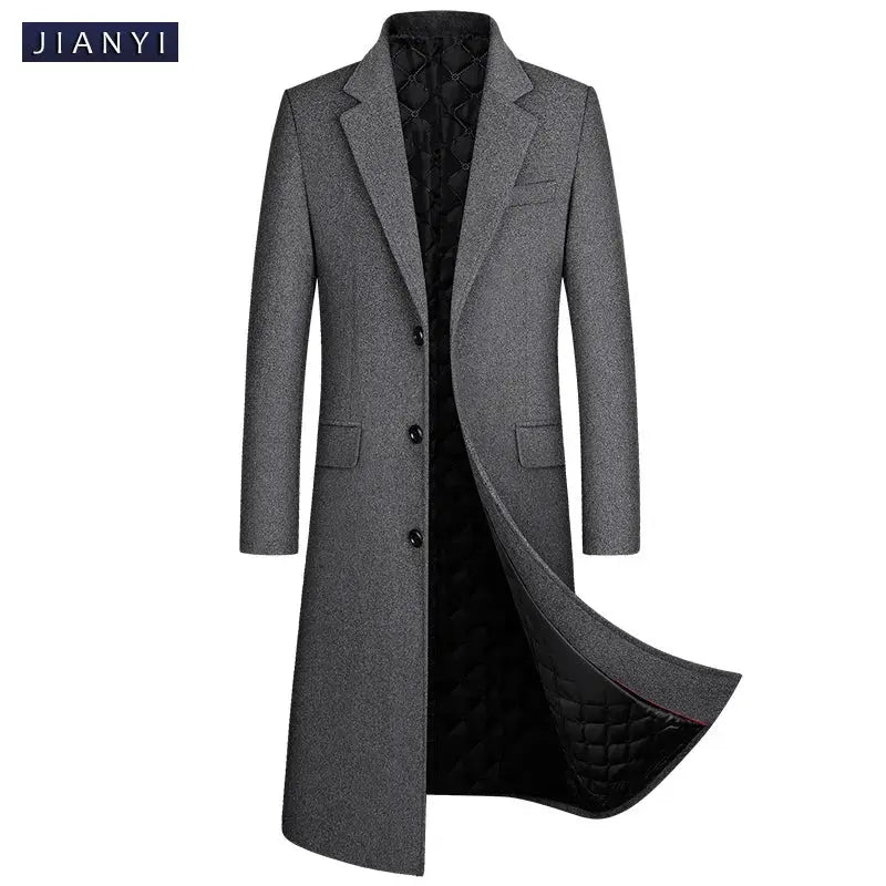 Men's X-Long wool-blend overcoat in gray with black quilted lining, JIANYI, XXL