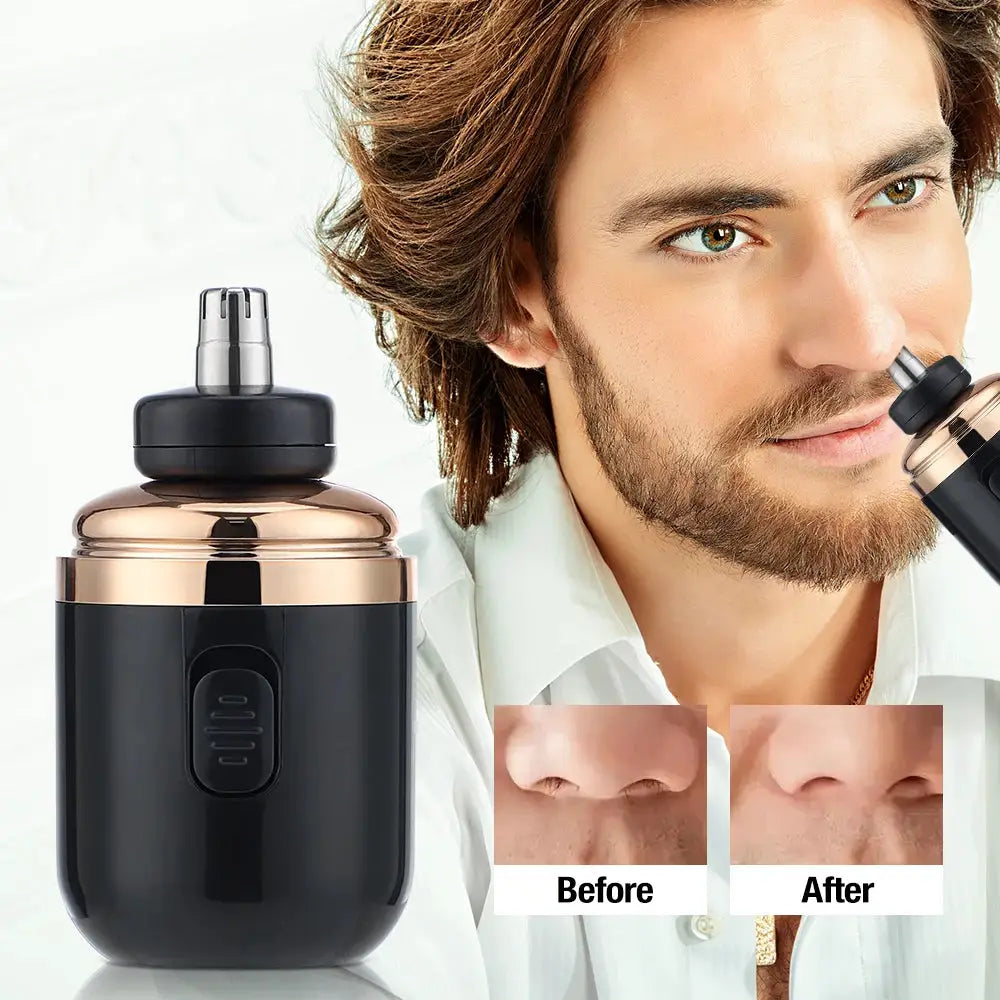 Mini travel electric razor in black with copper cap, Type-C charging capsule design with nose hair trimmer in use