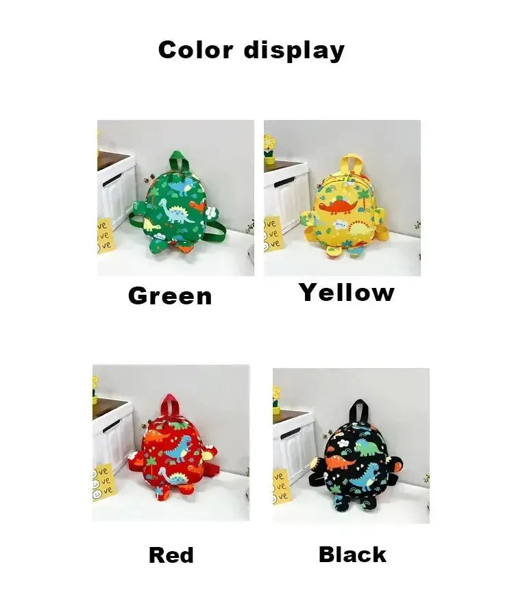 Cute cartoon dinosaur kids backpack by Simples Market; color options Green, Yellow, Red, Black with adjustable straps.