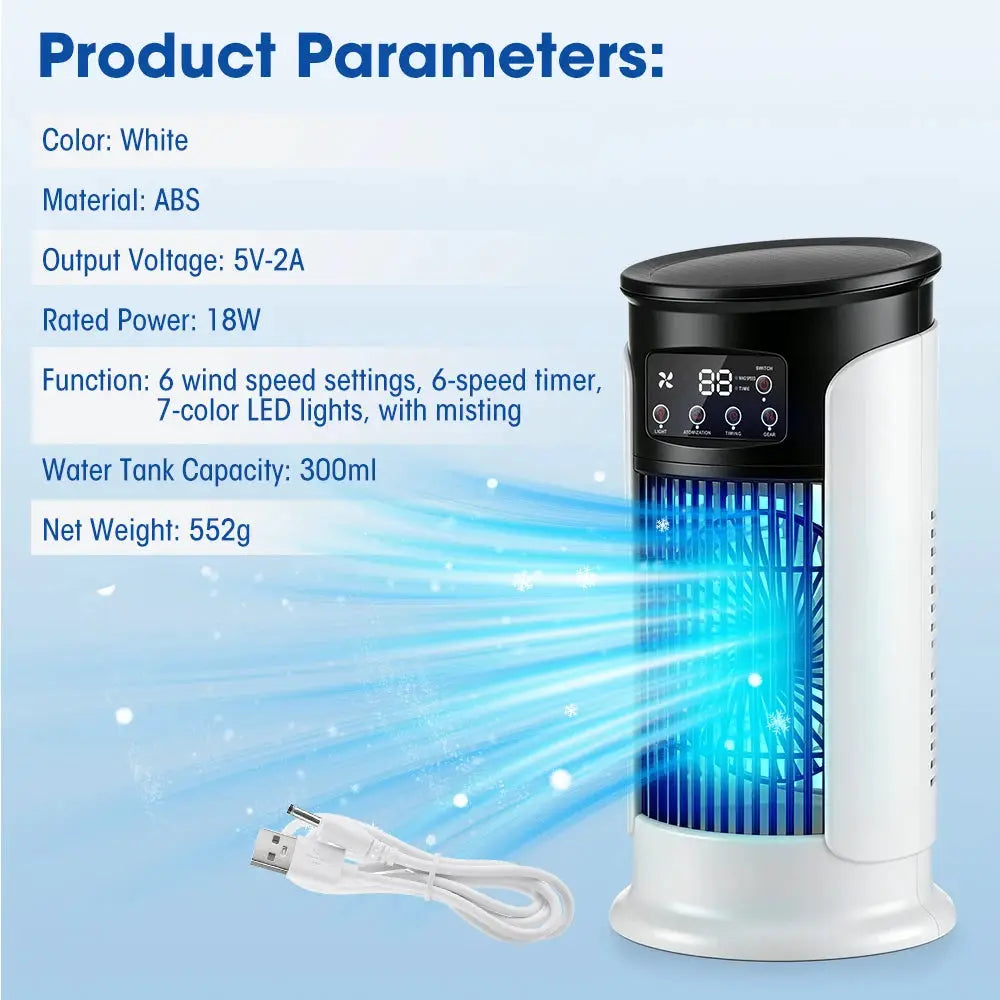 Portable air conditioner fan, white ABS body with LED display and misting