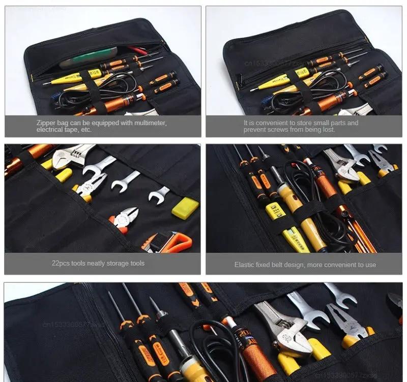 Multifunction tool bag in black Oxford canvas with 22-piece electrician toolkit