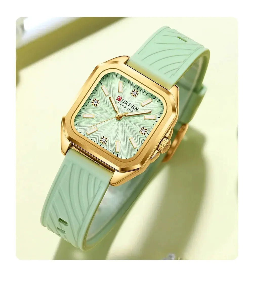 CURREN 9113 ladies' quartz watch with gold square case and mint green strap