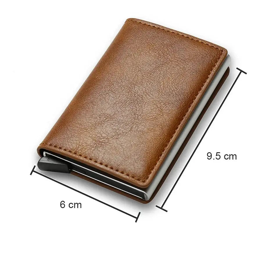 Card holder wallet in brown leather with anti-RFID and auto pop-up, 9.5x6 cm