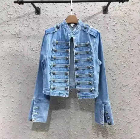 Women's Streetwear Casual Loose Denim Jacket Stand Collar Long Sleeve Button Split Short For Spring And Autumn