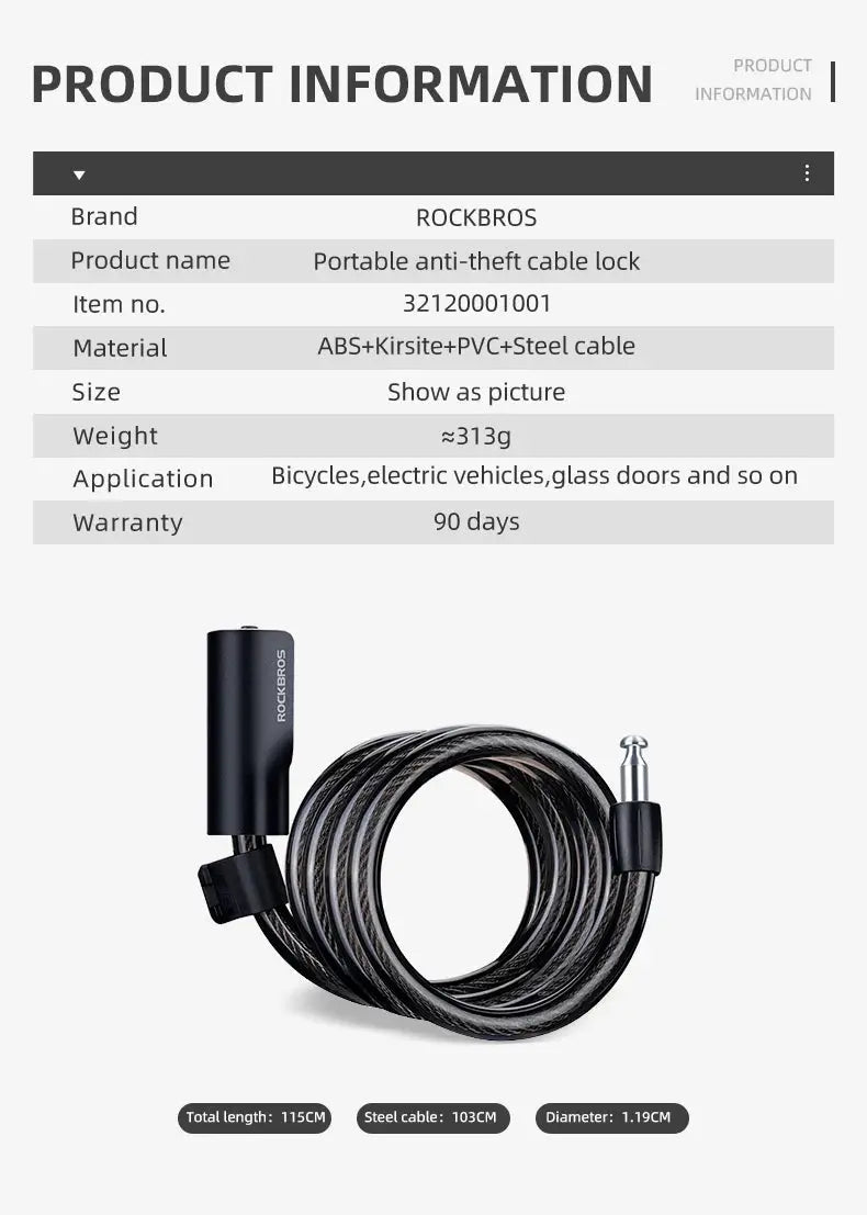 ROCKBROS portable anti-theft bike cable lock with keys, black steel cable, 115 cm total length, 1.19 cm diameter