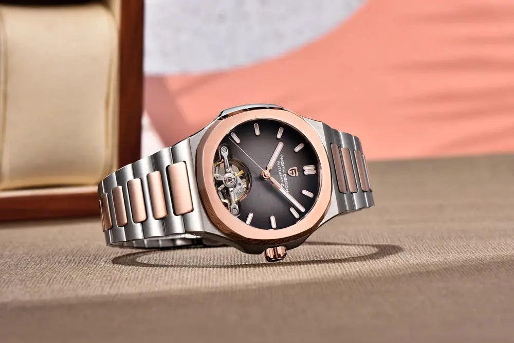 PAGANI DESIGN men's skeleton automatic watch with two-tone rose gold and silver stainless steel bracelet, black dial.