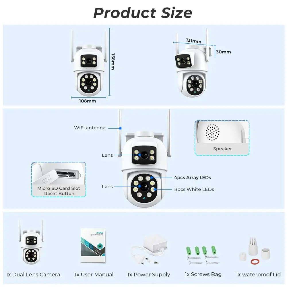 BESDER outdoor dual-lens WiFi security camera; includes 4 accessories: manual, power supply, screws bag, waterproof lid