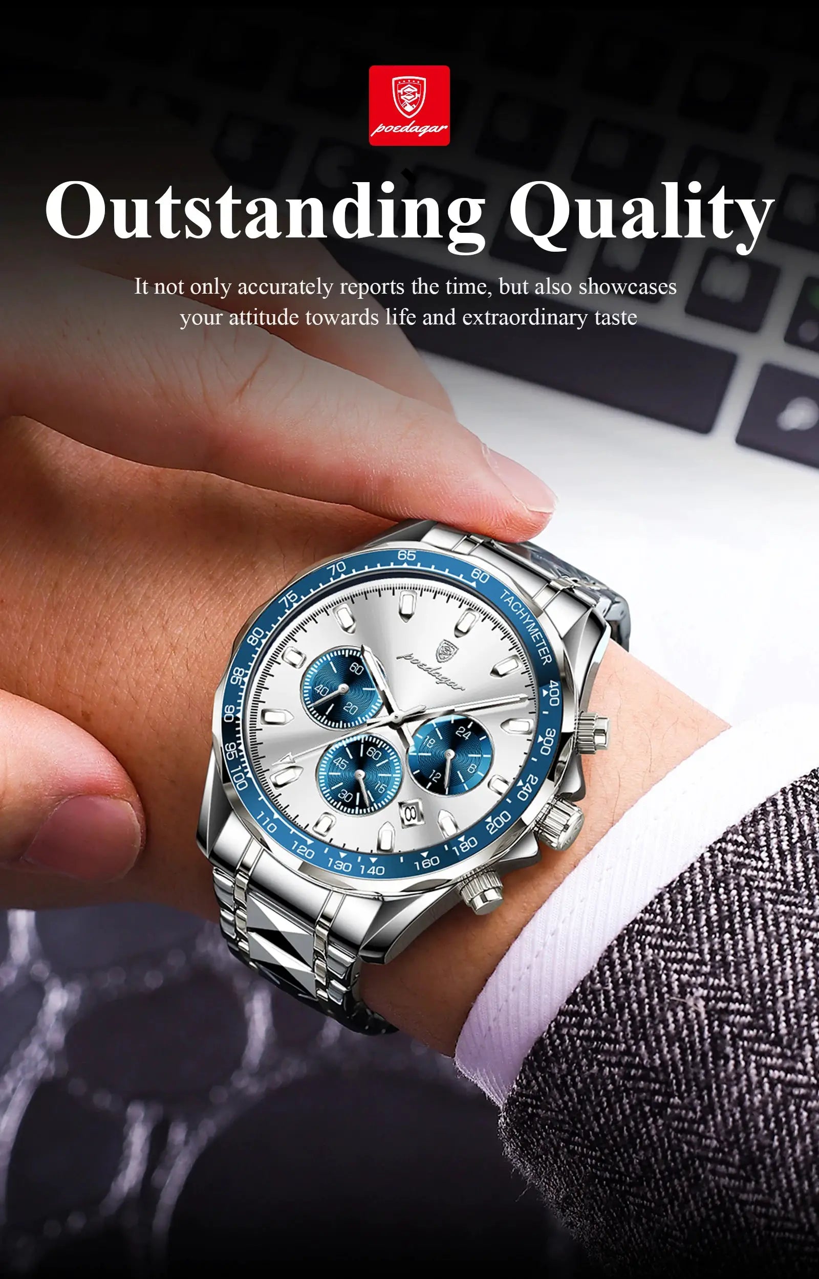 POEDAGAR men's luxury stainless steel chronograph watch with blue tachymeter bezel