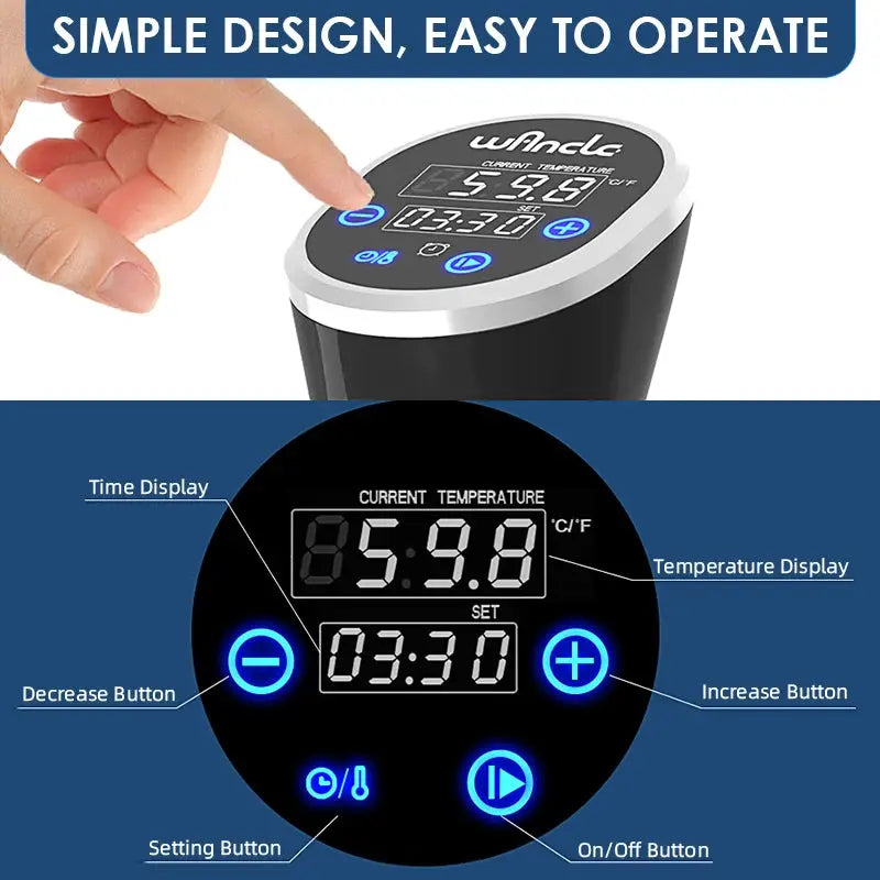 Wancle 1100W Sous Vide Immersion Circulator With LCD Touch Display IPX7 Waterproof Precise Vacuum Cooking