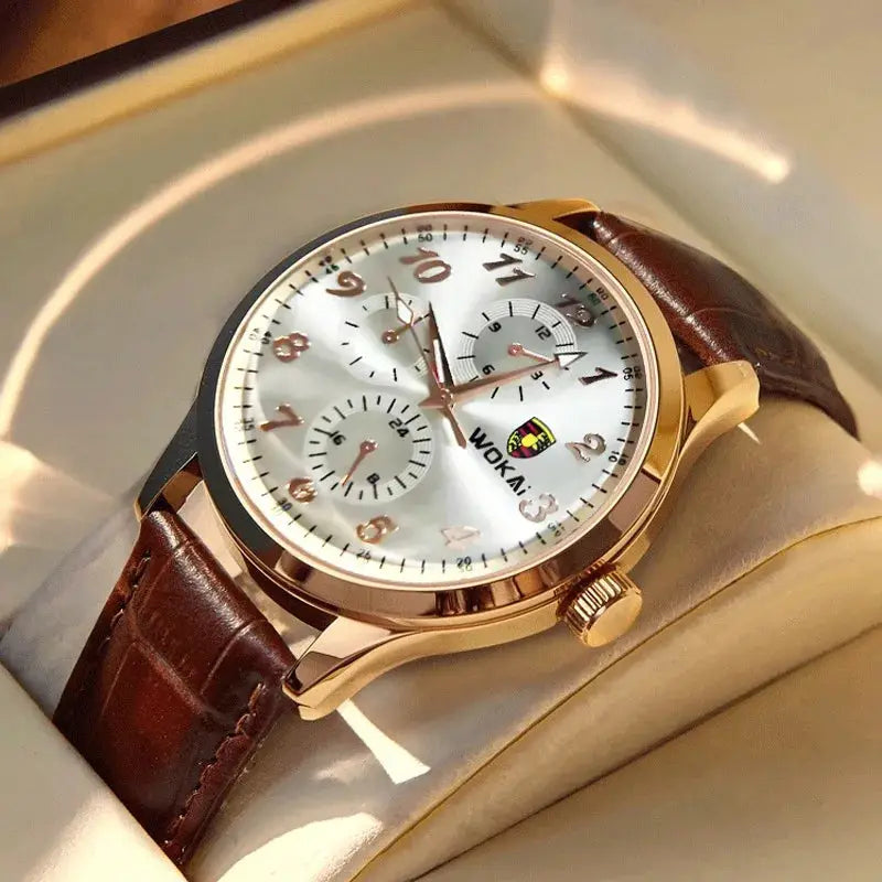 NovaLux Moon Phase Chronograph Leather Mens Watch With Luminous Hands And Complete Calendar