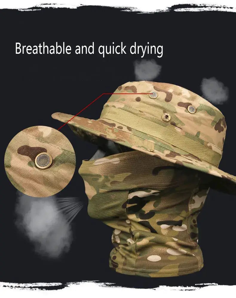 Camouflage boonie hat with neck/face cover; adjustable strap, UV protection, breathable quick-dry fabric