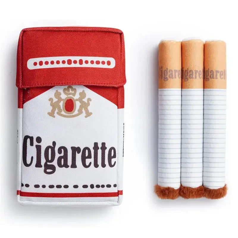 Cigarette-design plush dog toy set: red pack and three white chewable cigarettes with brown ends.