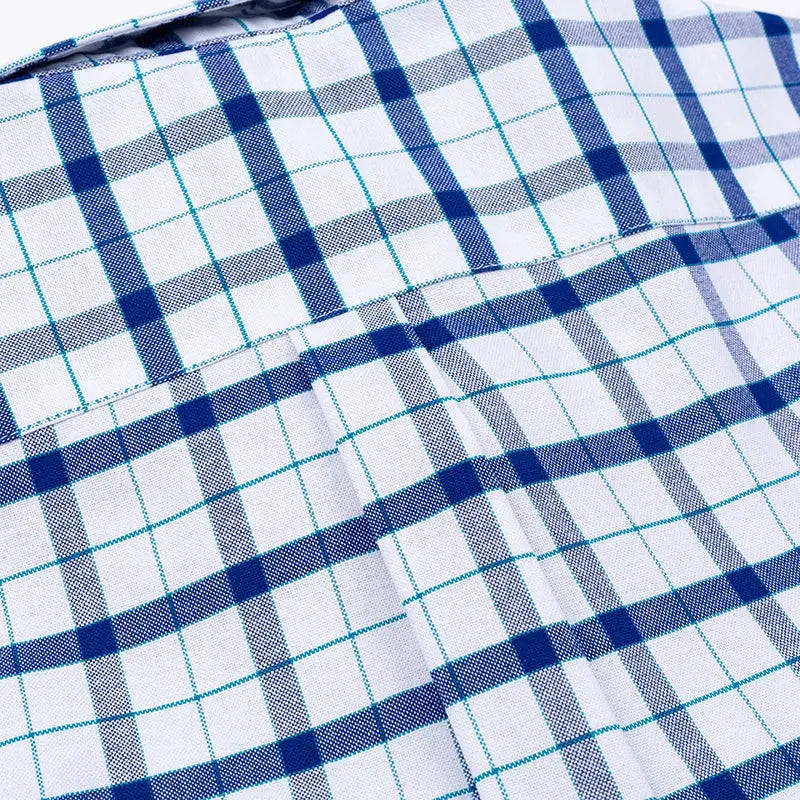 Men's plaid oxford shirt fabric by Simples Market, 100% cotton, blue plaid with pocket detail