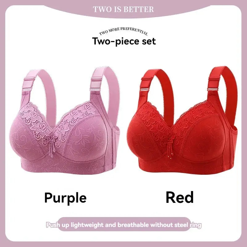 Two-piece lace bra set by Simples Market in purple and red with floral embroidery.