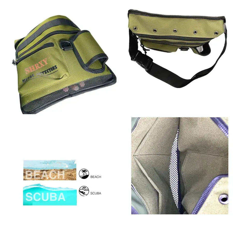 Metal detector finds bag olive-green, all-terrain pouch with adjustable strap and mesh pocket.