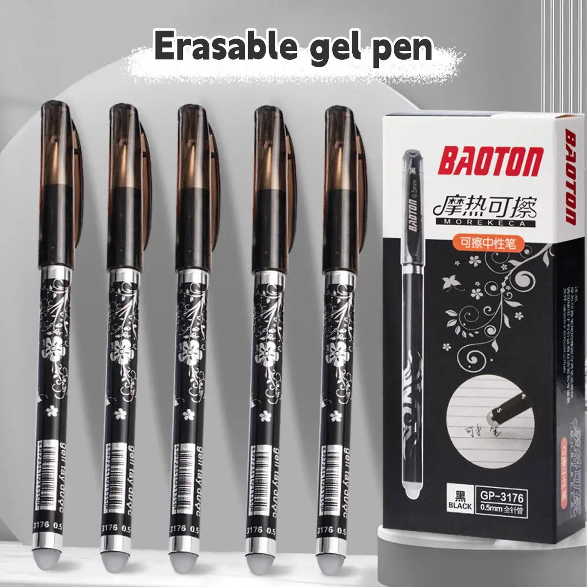Erasable gel pen set, 26 pcs, BAOTON, 0.5mm, waterproof ink, black floral barrels