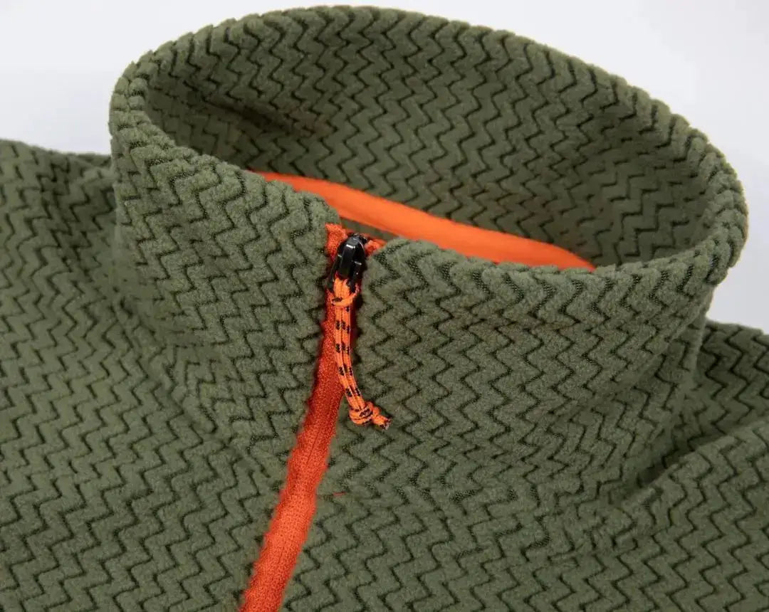 Fleece sweatshirt green with orange zipper, wavy fleece texture, long sleeves; Simples Market