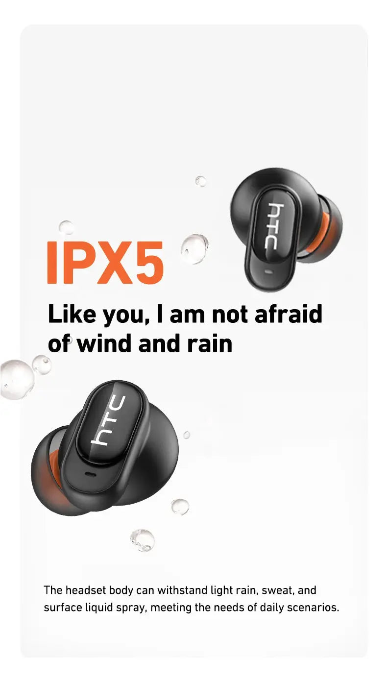 HTC NE79 wireless earbuds pair, black with orange accents, IPX5 water resistance