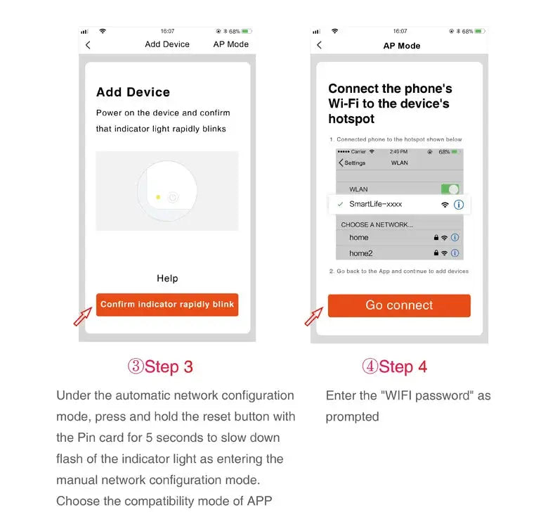 Tuya WiFi Water Leak Detector AP Mode setup on smartphone; orange Go Connect and Confirm indicator rapidly blink button.