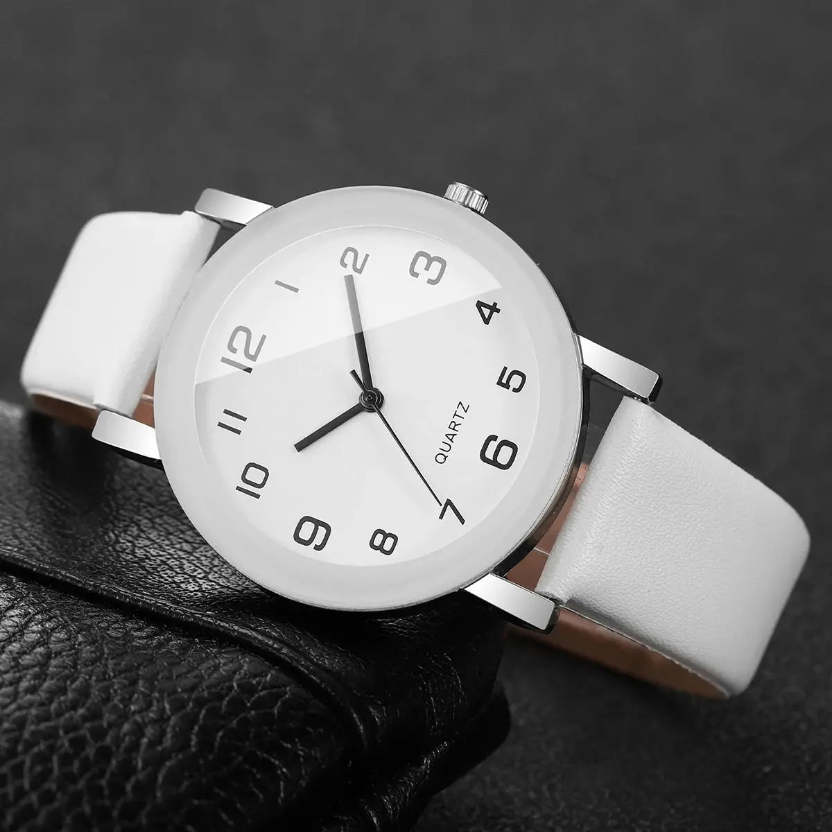 Watch with white leather strap, silver-tone case, quartz movement, white Arabic numeral dial