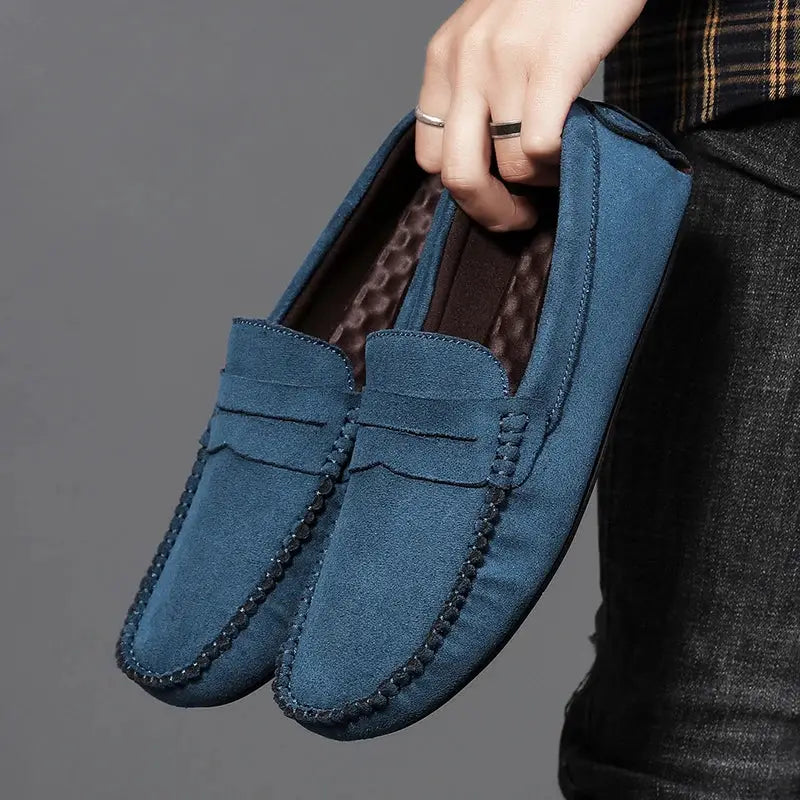 Blue suede men's loafers slip-on driving shoes by Simples Market with moccasin stitching