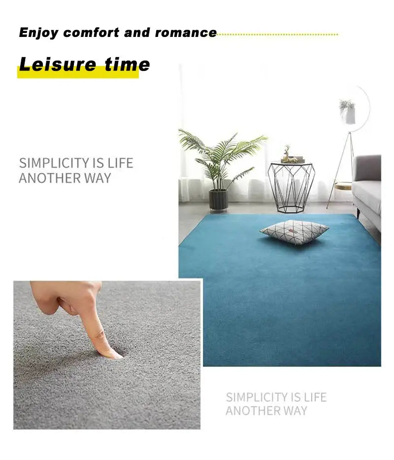 VIKAMA coral velvet carpet rug, soft non-slip blue living room area rug; includes a gray carpet sample