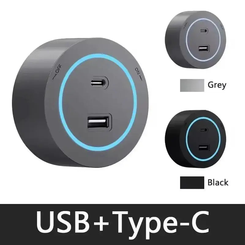 Simples Market round USB wall outlet with USB-C and USB-A ports, grey/black finish and blue ring indicator